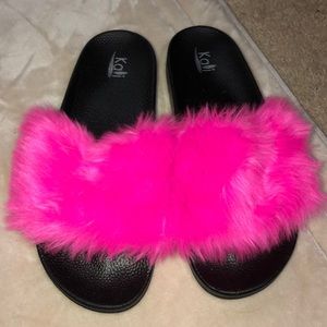 Pink fuzzy slides